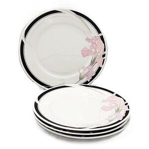 RARE Vintage “Lynns” Fine China Black & Pink “Iris” Salad Plates – Set of 4